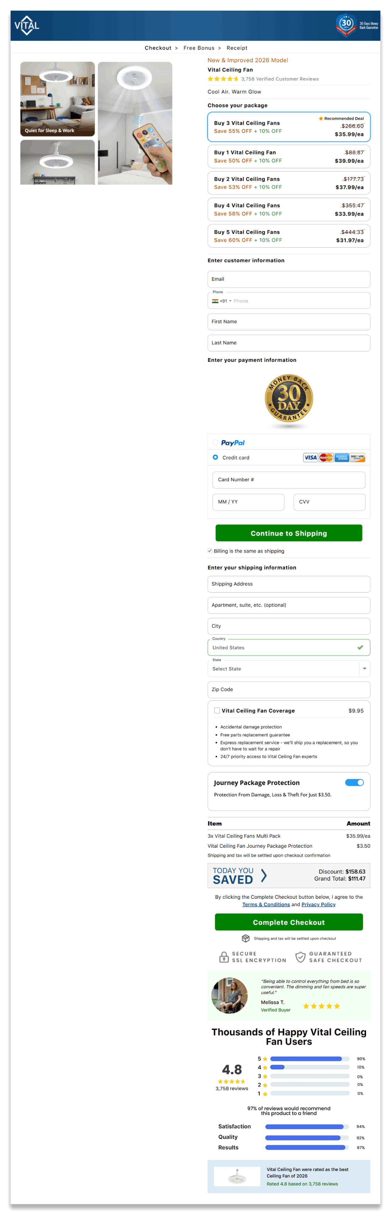 Vital Ceiling Fan checkout page